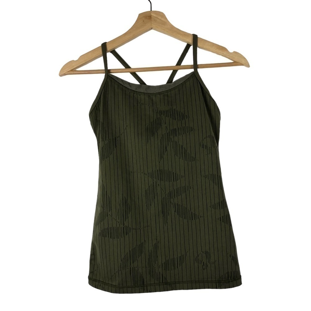Lululemon Olive Green Stripe Floral Fitted Racerback Athletic Tank Top 4